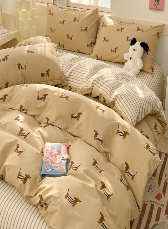Bildenly Dachshund Duvet Cover Set Queen Size Khaki Sausage Dog Stripe Reversible Comforter Cover 3 Pcs Cute Puppy Dog Pet Pattern Bedding Set with Zipper Closure and 2 Pillowcases for Girls Boys - Image 3