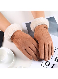 Generic Womens Faux Suede Gloves Warm Lined Cartoon Suede raw edge three lines Curry 