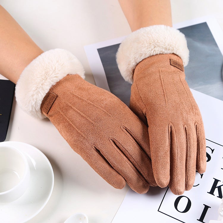 Womens Faux Suede Gloves Warm Lined Cartoon Suede raw edge three lines Curry 