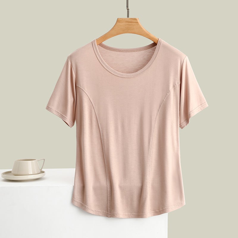 Modal Stitching Crewneck Short-Sleeved T-Shirt Women'S Summer Plus Size Thin Slim Outer Wear Top Slim-Fit Inner Base Shirt - Image 1
