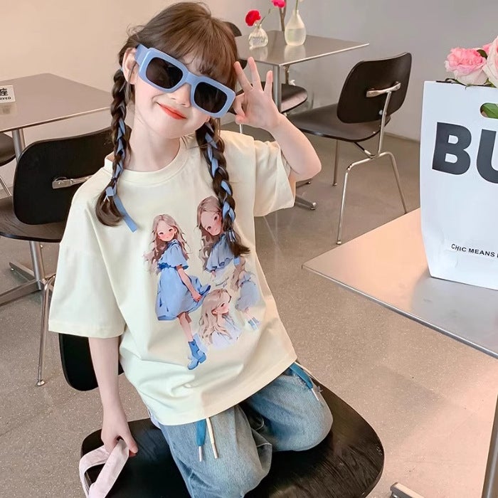 Girls' T-Shirt 2026 Style For Older Girls, Middle School Students, Printed Short-Sleeve Loose Top For Children, Trendy - Image 1