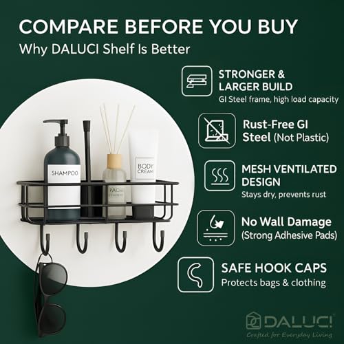 DALUCI Bathroom Organiser Without Drill Self Adhesive Bathroom Shelf for Wall GI Steel Powder Coated Rustproof Bathroom Rack Stand for Shampoo Toiletries Heavy Duty (Black, Pack of 1) - Image 4