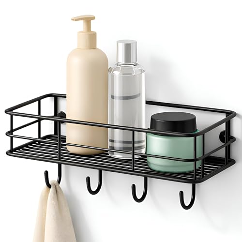 DALUCI Bathroom Organiser Without Drill Self Adhesive Bathroom Shelf for Wall GI Steel Powder Coated Rustproof Bathroom Rack Stand for Shampoo Toiletries Heavy Duty (Black, Pack of 1) - Image 1