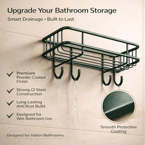 DALUCI Bathroom Organiser Without Drill Self Adhesive Bathroom Shelf for Wall GI Steel Powder Coated Rustproof Bathroom Rack Stand for Shampoo Toiletries Heavy Duty (Black, Pack of 1) - Image 3