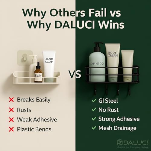 DALUCI Bathroom Organiser Without Drill Self Adhesive Bathroom Shelf for Wall GI Steel Powder Coated Rustproof Bathroom Rack Stand for Shampoo Toiletries Heavy Duty (Black, Pack of 1) - Image 5