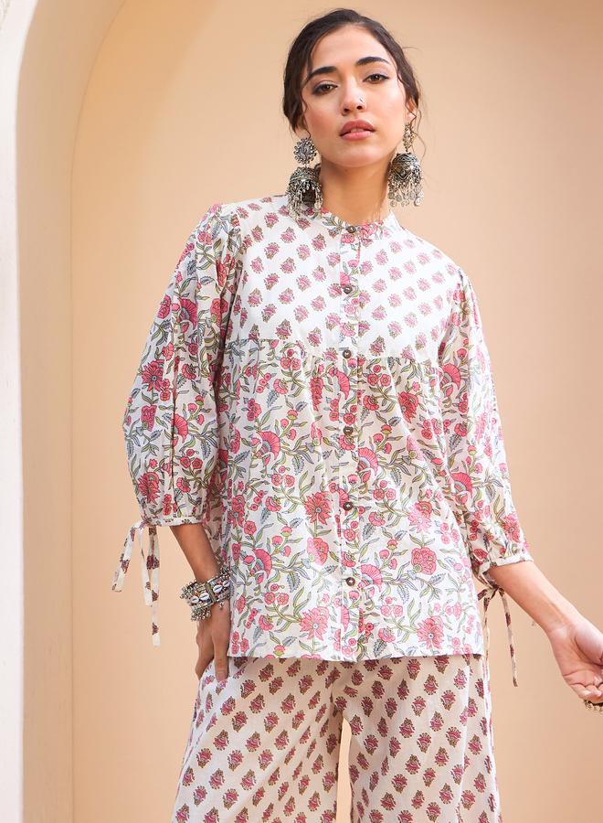 SASSAFRAS White Floral Sleeve Knot Kurti - Image 4