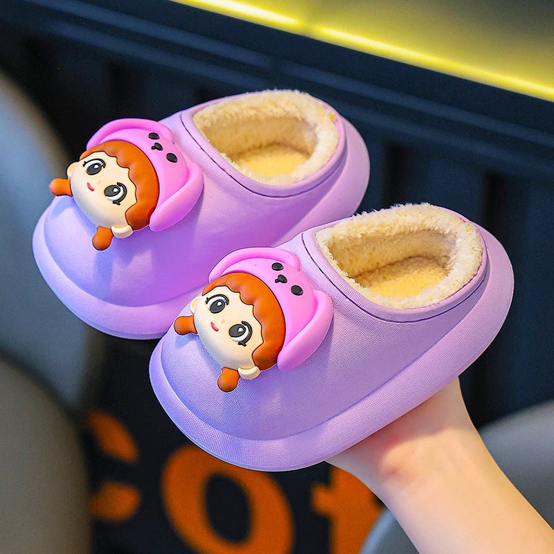 Childrens Cotton Slippers Autumn and Winter Boys Half-bag Heel Mao Slippers Little Girl Baby Cute Cotton Slippers Purple