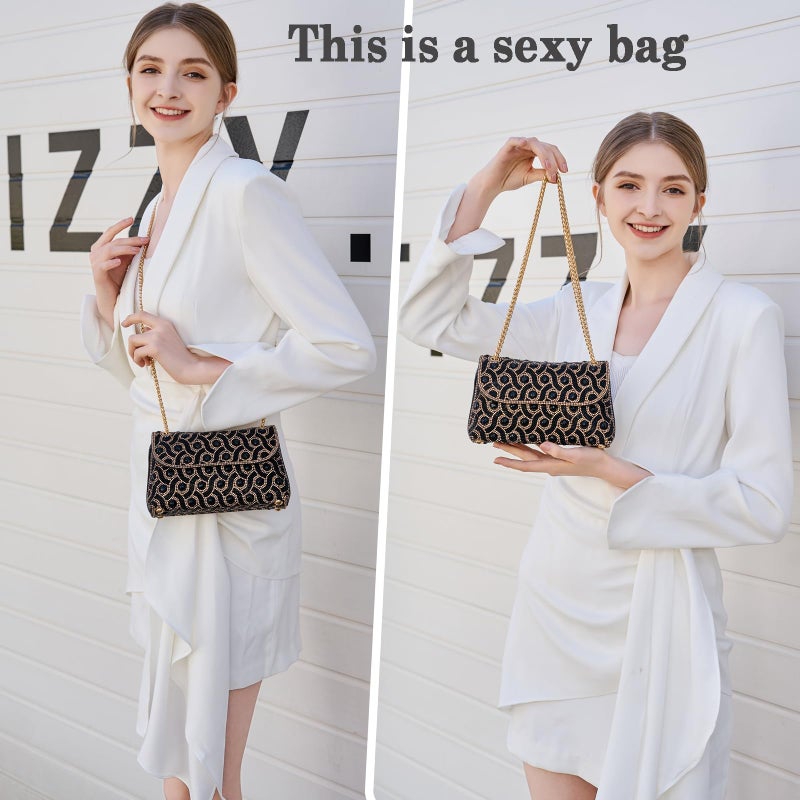 BBTT.ful Ladies Rhinestone Evening Clutches Glitter Handbag Elegant Small Shoulder Bag Clutch Purse with Chain (black) - Image 2