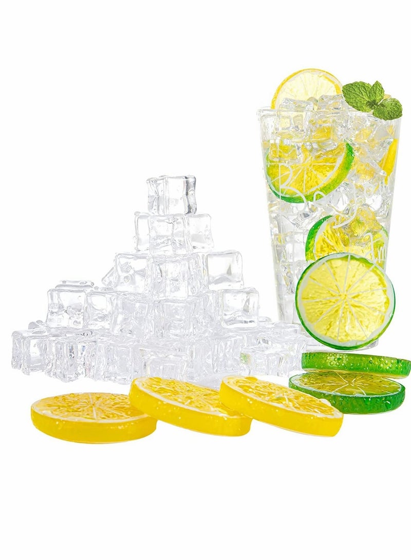 SYOSI Transparent Fake Ice Cube Lemon Slice Set-50 Pieces Of Transparent Fake Ice + 10 Pieces Of Artificial Lemon Lime Chips, Home Decoration Wedding Center Vase Filler (60 Pieces) - Image 1