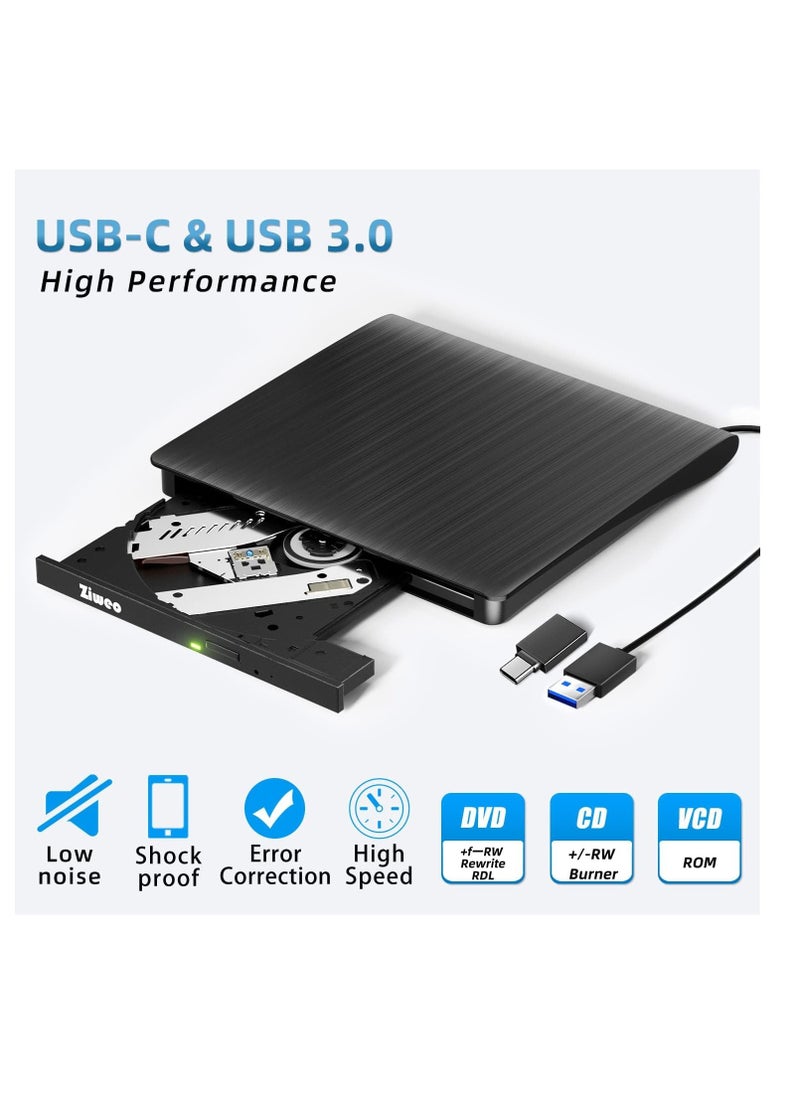 ماركة غير محددة - محرك اقراص دي في دي خارجي USB 3.0 نوع C محمول CD +/-RW مشغل دي في دي لموقد اعادة كتابة روم متوافق مع اللابتوب والكمبيوتر المكتبي وويندوز وماك بوك ولينكس وماك او اس - Image 1