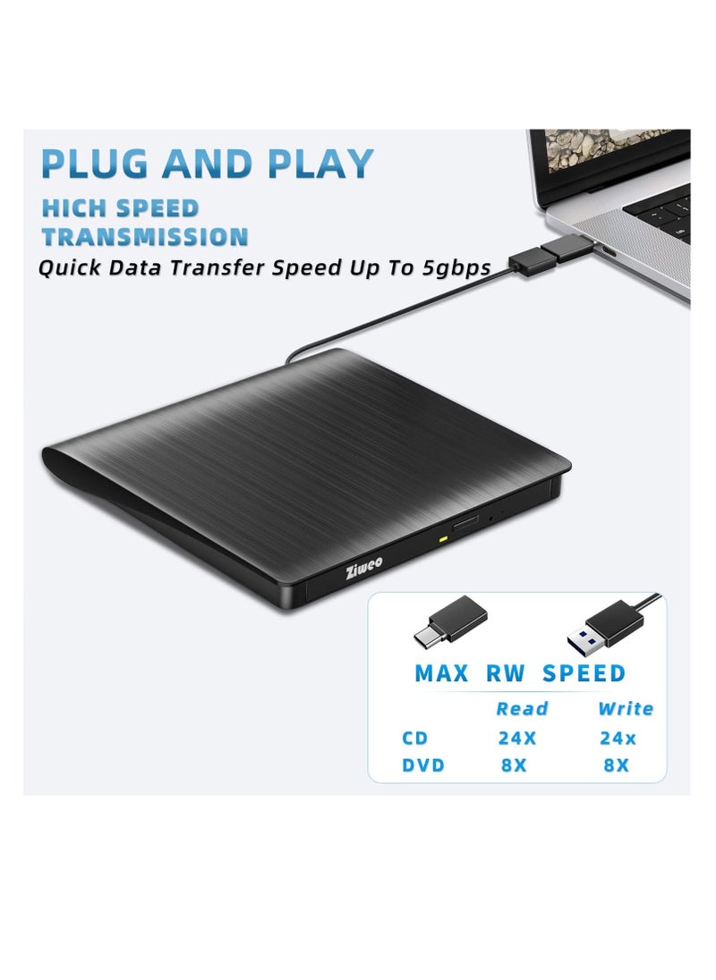 ماركة غير محددة - محرك اقراص دي في دي خارجي USB 3.0 نوع C محمول CD +/-RW مشغل دي في دي لموقد اعادة كتابة روم متوافق مع اللابتوب والكمبيوتر المكتبي وويندوز وماك بوك ولينكس وماك او اس - Image 1