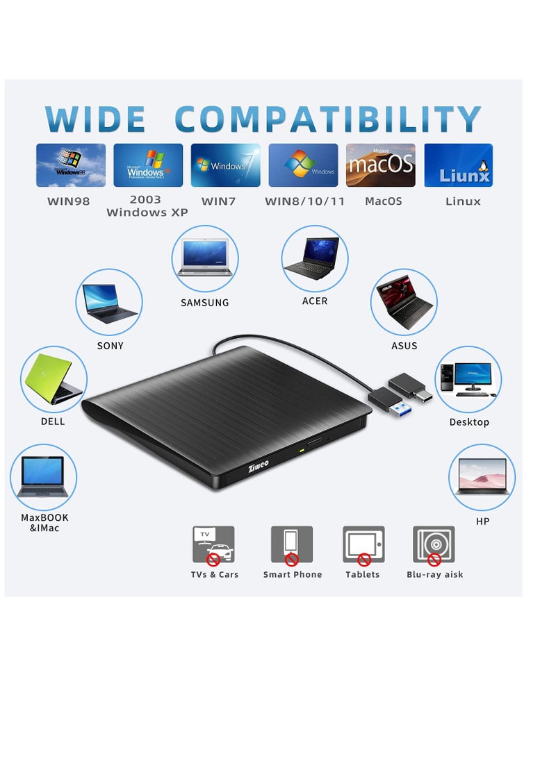 ماركة غير محددة - محرك اقراص دي في دي خارجي USB 3.0 نوع C محمول CD +/-RW مشغل دي في دي لموقد اعادة كتابة روم متوافق مع اللابتوب والكمبيوتر المكتبي وويندوز وماك بوك ولينكس وماك او اس - Image 1