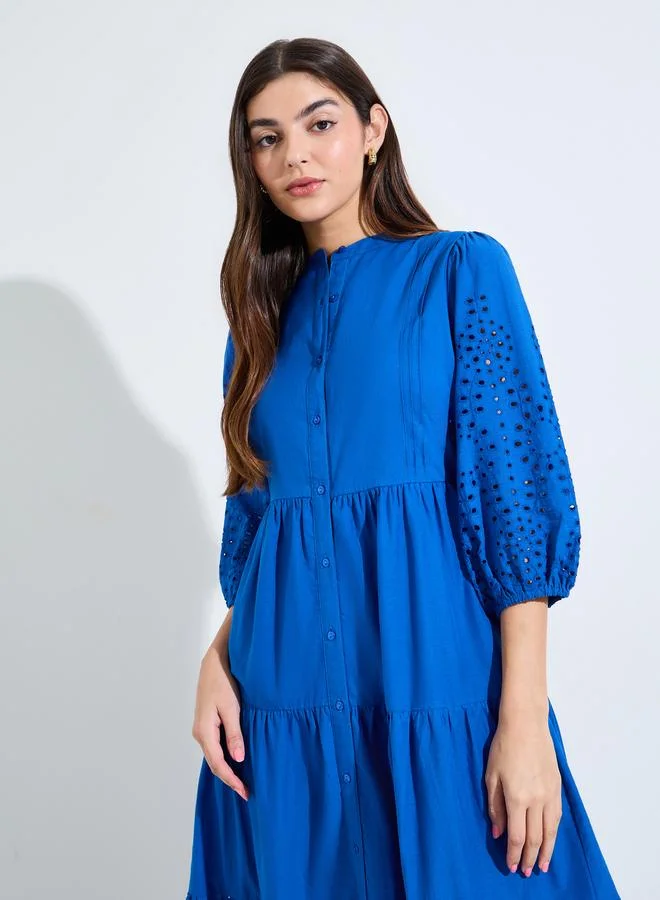 ستايلي Blue Schiffli Detail Shirt Midi Dress