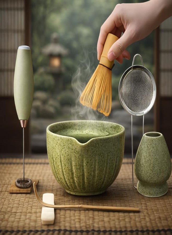 Matchiva Matcha Whisk Set with Matcha Bowl - Matcha Set Included Electric Frother, Bamboo Whisk, Matcha Spoon, Bamboo Holder, Sifter, Spoon Stand (Mottled Green) - Image 1
