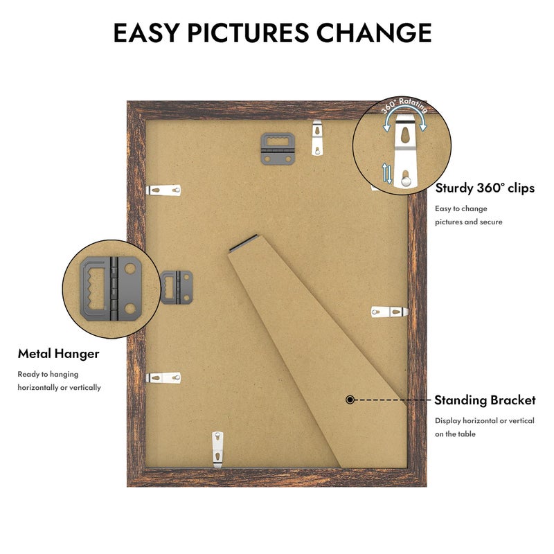Hongkee 9x12 Picture Frame with Glass, Display Pictures 7x10 with Mat or 9 x 12 without Mat - Wall and Tabletop, 9 by 12 Photo Wooden Frames (Rustic Brown, 1 Pack) - Image 4
