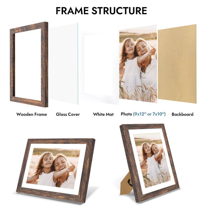 Hongkee 9x12 Picture Frame with Glass, Display Pictures 7x10 with Mat or 9 x 12 without Mat - Wall and Tabletop, 9 by 12 Photo Wooden Frames (Rustic Brown, 1 Pack) - Image 5