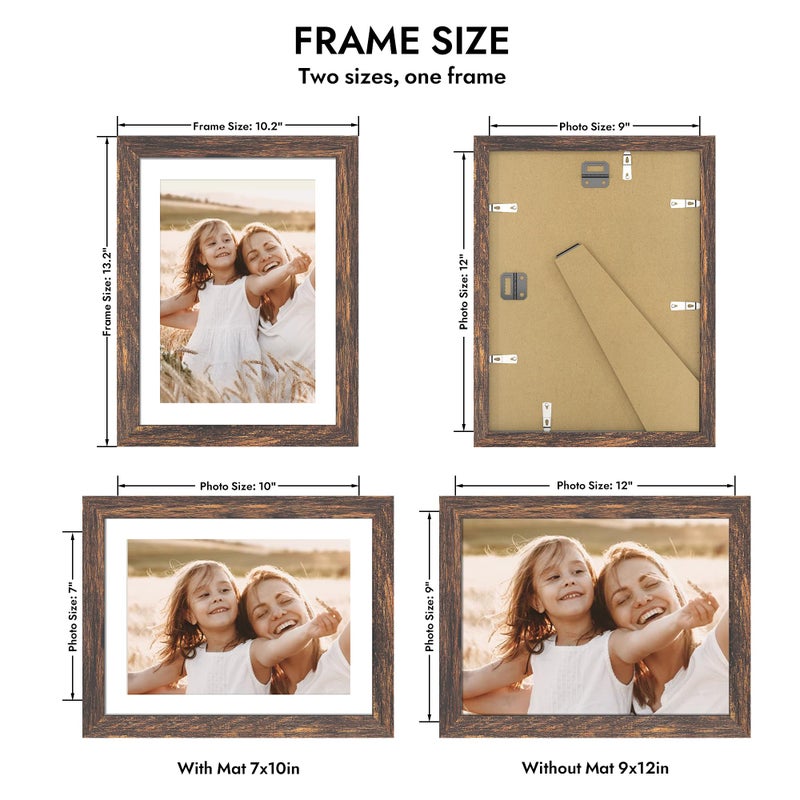 Hongkee 9x12 Picture Frame with Glass, Display Pictures 7x10 with Mat or 9 x 12 without Mat - Wall and Tabletop, 9 by 12 Photo Wooden Frames (Rustic Brown, 1 Pack) - Image 2