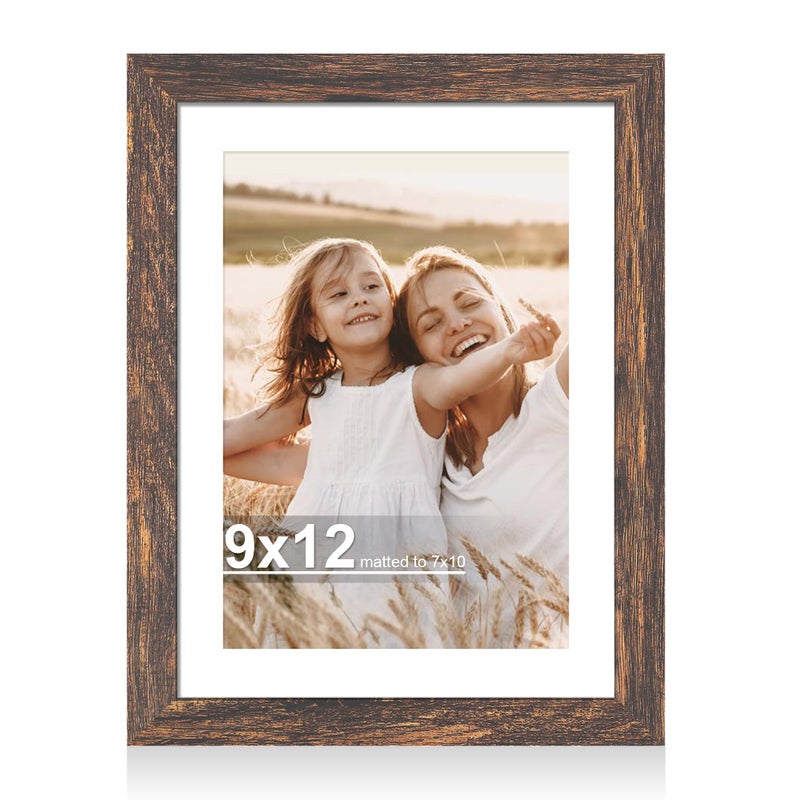 Hongkee 9x12 Picture Frame with Glass, Display Pictures 7x10 with Mat or 9 x 12 without Mat - Wall and Tabletop, 9 by 12 Photo Wooden Frames (Rustic Brown, 1 Pack) - Image 1
