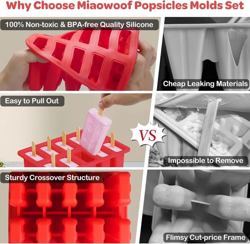 Miaowoof Homemade Popsicle Molds Shapes, Silicone Frozen Ice Popsicle Maker-BPA Free, with 50 Popsicle Sticks, 50 Popsicle Bags, Funnel and Ice Pop Recipes(10 Cavities) - Image 3