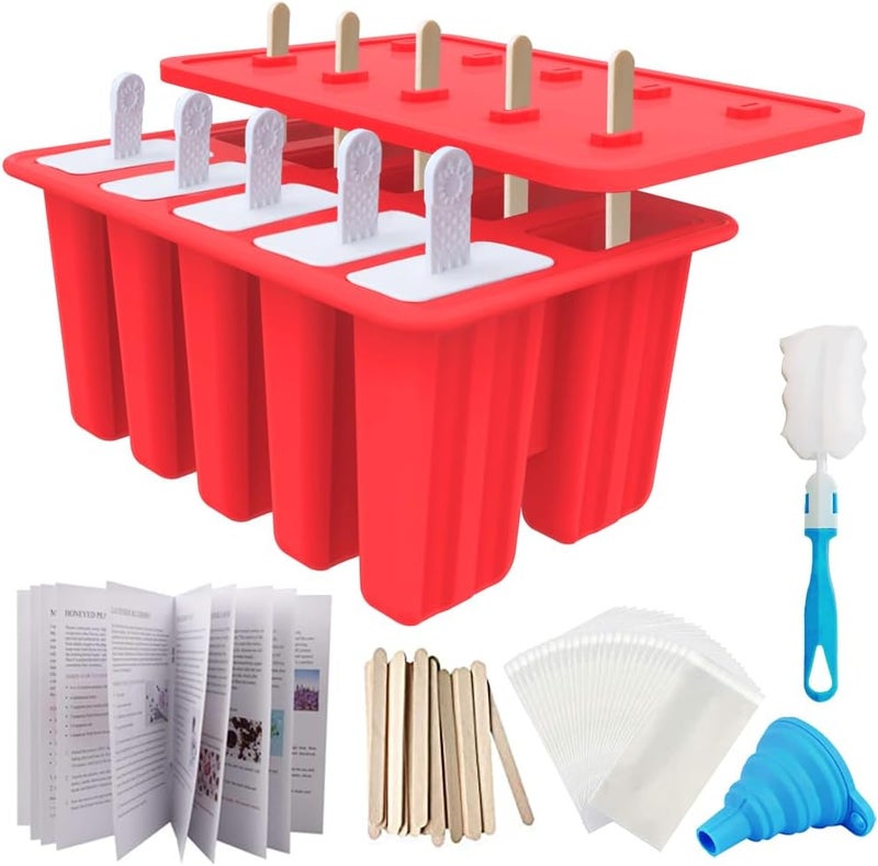Miaowoof Homemade Popsicle Molds Shapes, Silicone Frozen Ice Popsicle Maker-BPA Free, with 50 Popsicle Sticks, 50 Popsicle Bags, Funnel and Ice Pop Recipes(10 Cavities) - Image 1