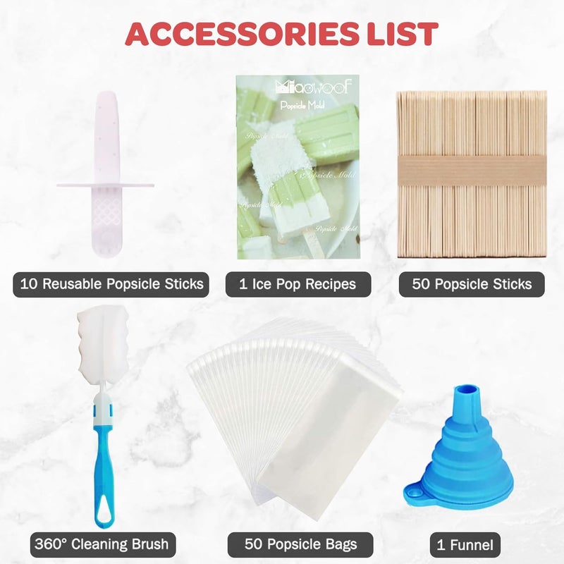 Miaowoof Homemade Popsicle Molds Shapes, Silicone Frozen Ice Popsicle Maker-BPA Free, with 50 Popsicle Sticks, 50 Popsicle Bags, Funnel and Ice Pop Recipes(10 Cavities) - Image 5