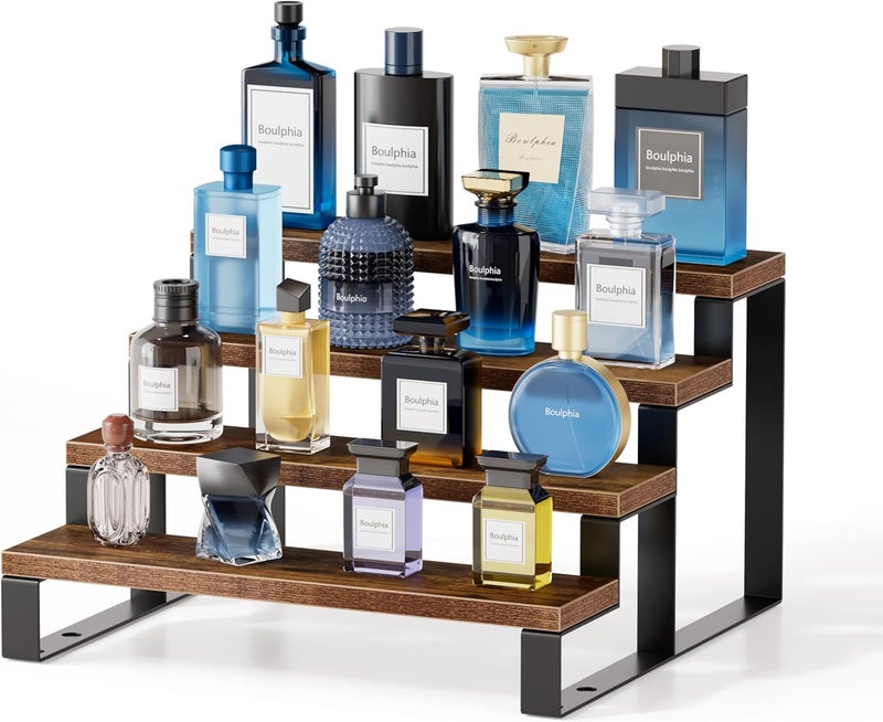 Boulphia Cologne Organizer for Men, 12 Inch Wood Cologne Stand 4 Tier Perfume Organizer for Dresser, Versatile Step Display Stand Shelf for Fragrance, Skincare, Figurine, Dessert, 1 Set Brown - Image 1