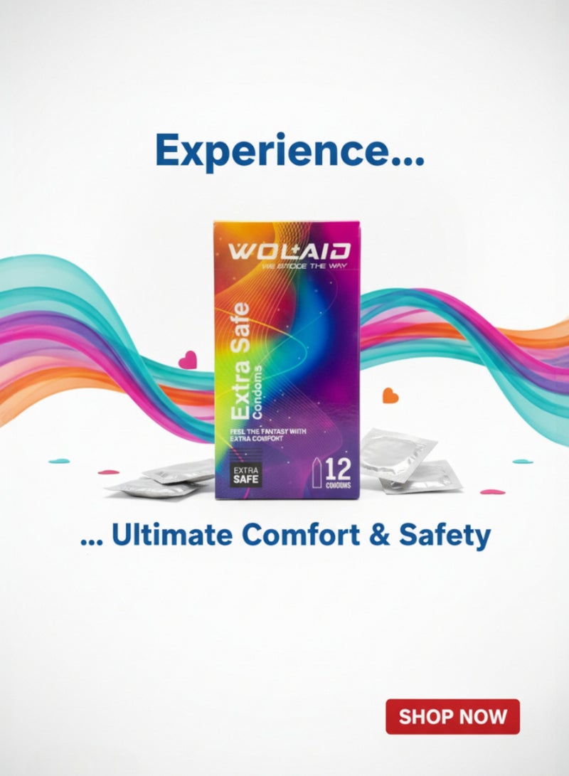 WOLAID Extra Safe Condoms – Pack of 12 – Premium Latex with Extra Comfort & Lubrication - Image 2