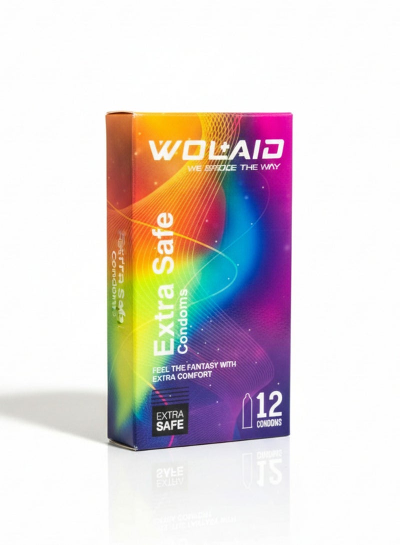 WOLAID Extra Safe Condoms – Pack of 12 – Premium Latex with Extra Comfort & Lubrication - Image 1