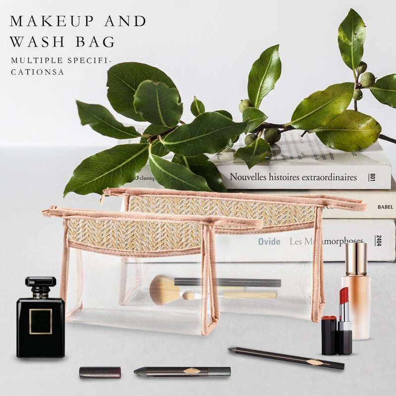 Straw Makeup Brush Storage Bag Transparent Pvc Cosmetic Bag Portable Cosmetics Letter Embroidery Rainbow Weaving - Image 2