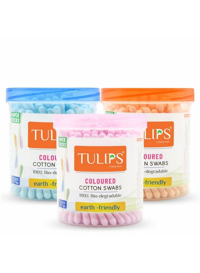 Tulips Cotton Ear Buds/Swabs Pack Of 3 (Multicolor) Made Of White Paper Stick (100/200 Tips) In A Jar - Image 1