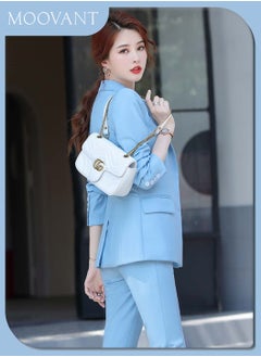 Moovant Women's 2 Pieces Business Solid Color Blazer Suit Sets, Casual Open Front Blazer Long Sleeve, Blazer Coat & Knee-high Shorts Formal Wear for Women, Blue  - Image 4