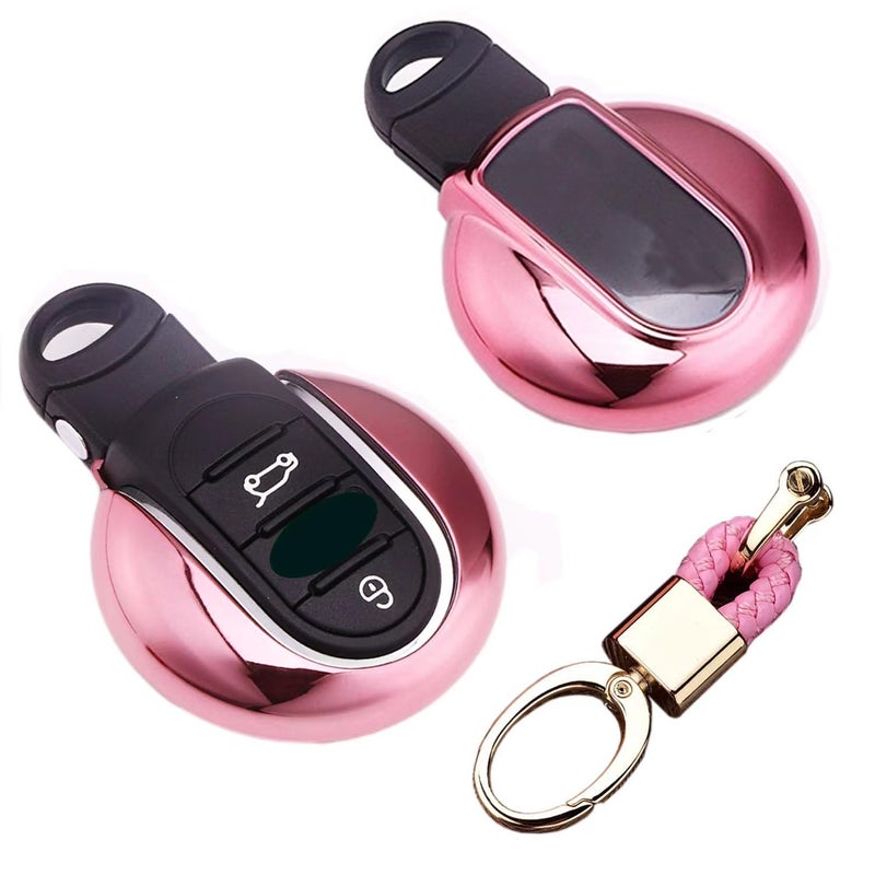 Royalfox(TM) Luxury 3 4 Buttons Soft TPU Smart Remote Key Fob case Cover for BMW Mini Cooper F54 F55 F56 F57 F60,with Keychain (Pink) - Image 1