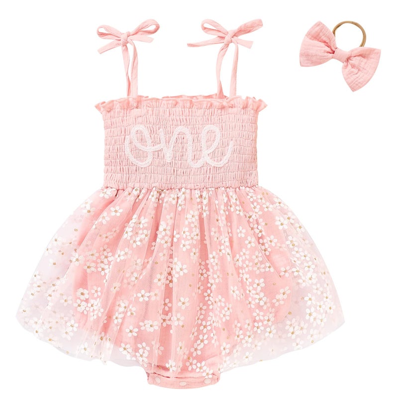 TITKKOP Baby Girl 1st Birthday Clothes One Year Old Tulle Romper Sleeveless Bodysuit Cake Smash Outfits(white-pink,9-12M) - Image 1