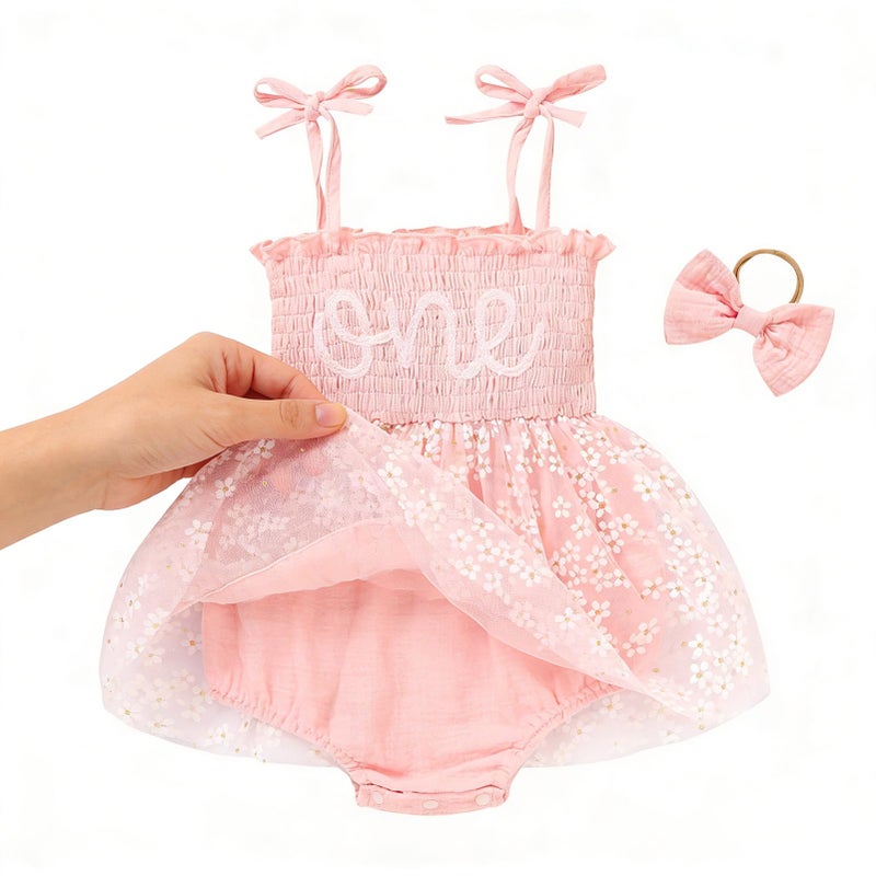 TITKKOP Baby Girl 1st Birthday Clothes One Year Old Tulle Romper Sleeveless Bodysuit Cake Smash Outfits(white-pink,9-12M) - Image 3