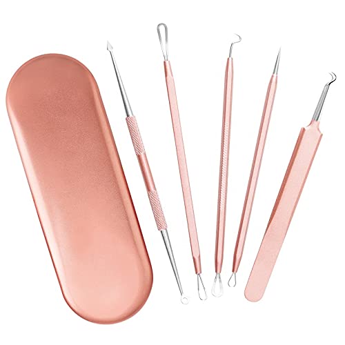 DOCOSS 5 In 1 Stainless Steel Blackhead Remover Acne Pimple Removal Acne Needle Tool Set With Metal Case Rose Gold - Image 1