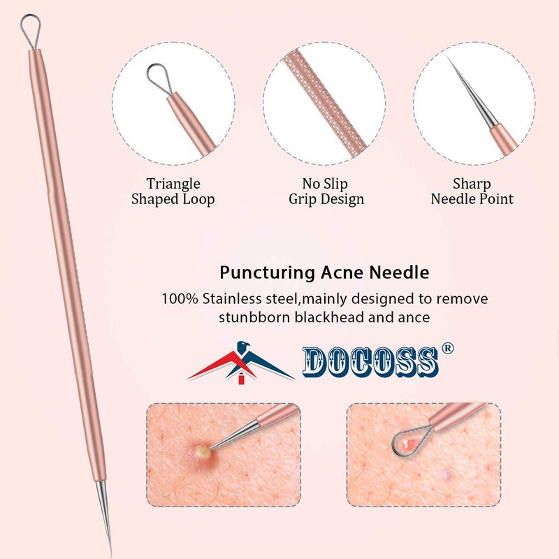 DOCOSS 5 In 1 Stainless Steel Blackhead Remover Acne Pimple Removal Acne Needle Tool Set With Metal Case Rose Gold - Image 4