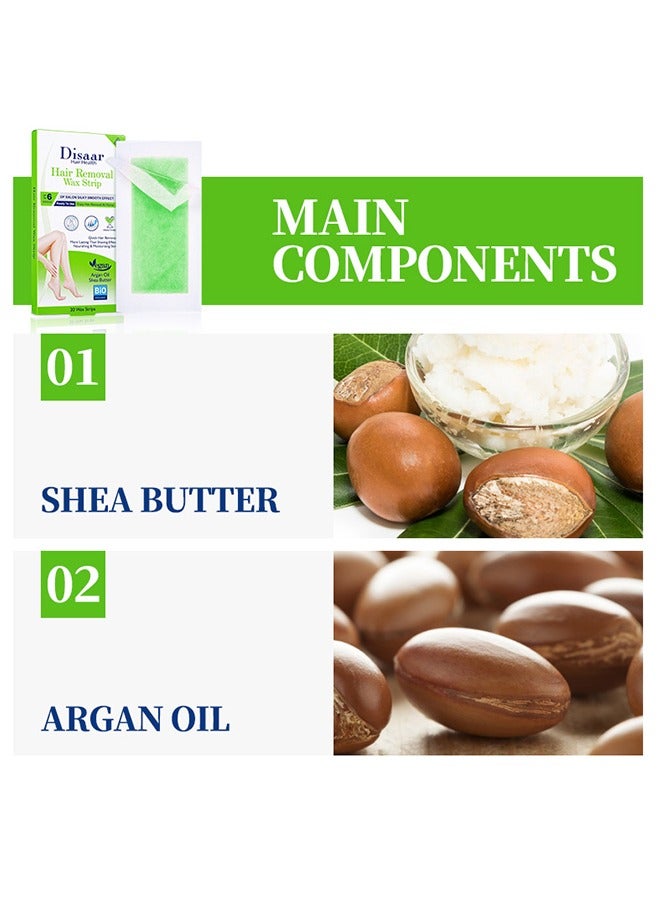 ديسار مجموعة شرائط الشمع 20 قطعة لإزالة الشعر - مستخلصات نباتية طبيعية تهدئ البشرة الناعمة - شرائح شمعية قابلة للتشذيب للجسم والوجه والساقين والحواجب (البشرة الجافة (زيت الأرغان + زبدة الشيا)) - Image 3