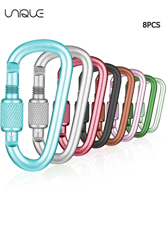 Unique 8 Pcs Locking Carabiner, D-Ring Locking Carabiner Keychain Clip, Snap Hook Sport Accessories for Outdoor Camping Hiking Keychain Dog Leash - Image 1