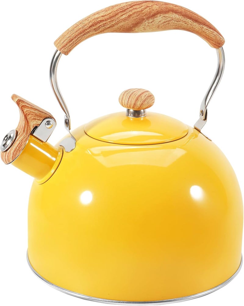 GGC Whistling Tea Kettle for Stove Top, 85OZ/2.6QT Stainless Steel Tea Kettles for Boiling Water Milik or Coffee, Yellow Tea Pots with Wood Pattern Folding Handle, Thumb Design Control Kettle Outlet - Image 1