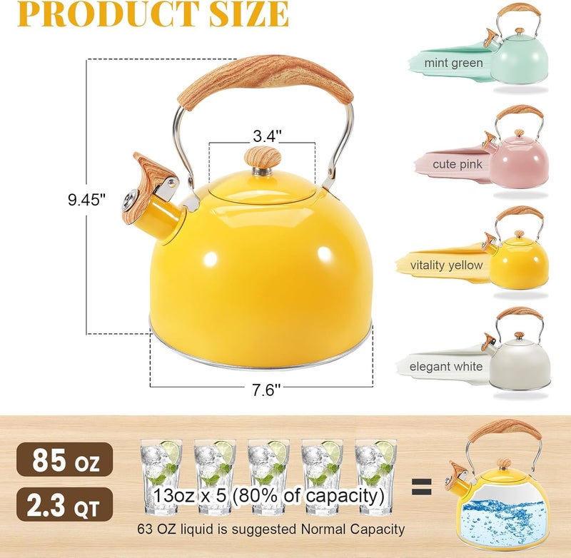 GGC Whistling Tea Kettle for Stove Top, 85OZ/2.6QT Stainless Steel Tea Kettles for Boiling Water Milik or Coffee, Yellow Tea Pots with Wood Pattern Folding Handle, Thumb Design Control Kettle Outlet - Image 5