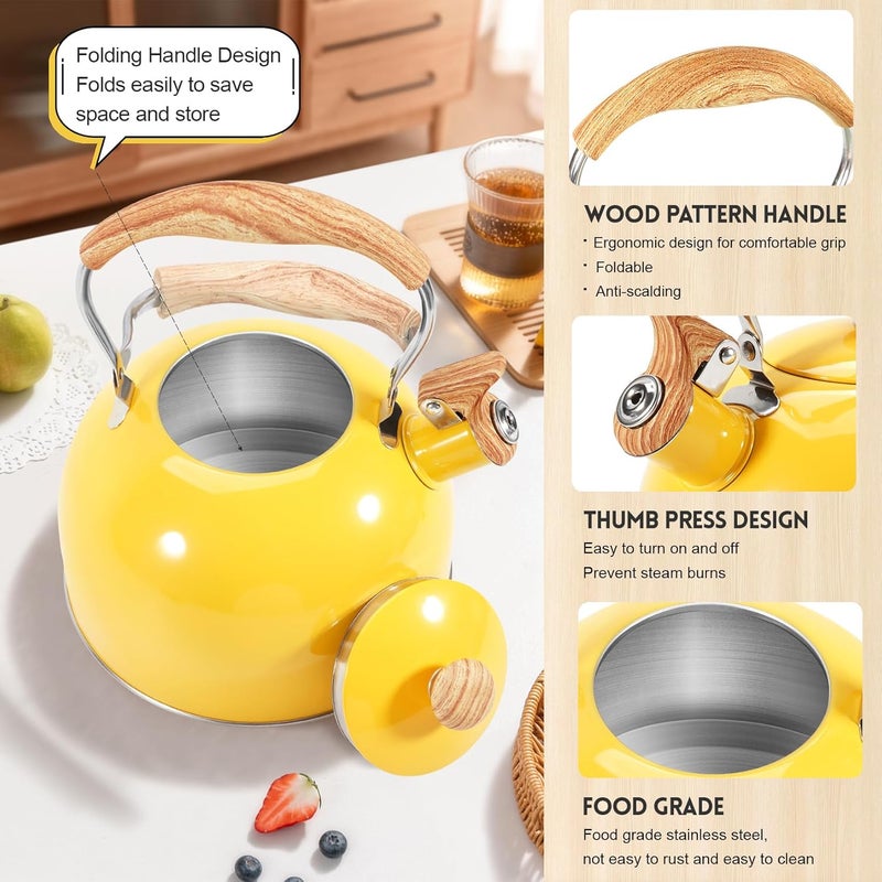 GGC Whistling Tea Kettle for Stove Top, 85OZ/2.6QT Stainless Steel Tea Kettles for Boiling Water Milik or Coffee, Yellow Tea Pots with Wood Pattern Folding Handle, Thumb Design Control Kettle Outlet - Image 2