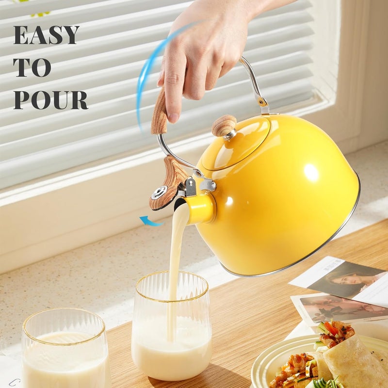 GGC Whistling Tea Kettle for Stove Top, 85OZ/2.6QT Stainless Steel Tea Kettles for Boiling Water Milik or Coffee, Yellow Tea Pots with Wood Pattern Folding Handle, Thumb Design Control Kettle Outlet - Image 4