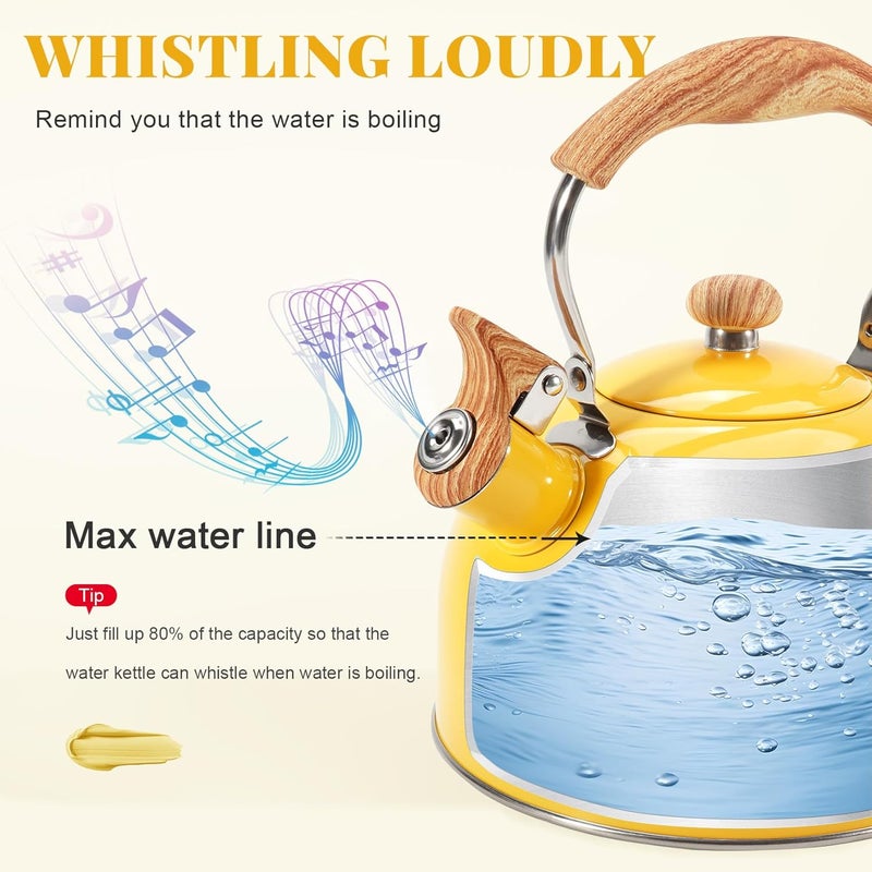 GGC Whistling Tea Kettle for Stove Top, 85OZ/2.6QT Stainless Steel Tea Kettles for Boiling Water Milik or Coffee, Yellow Tea Pots with Wood Pattern Folding Handle, Thumb Design Control Kettle Outlet - Image 3