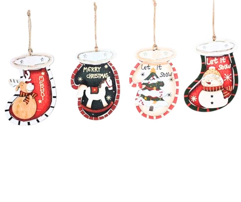 MPS MY PARTY SUPPLIERS MPS My Party Suppliers Set of 4 Christmas Socks Hanging Ornaments Christmas Tree Decorations Items Santa Claus Toys Merry Christmas Santa Props Christmas Hanging Wooden Socks Decoration Ideas - Image 1