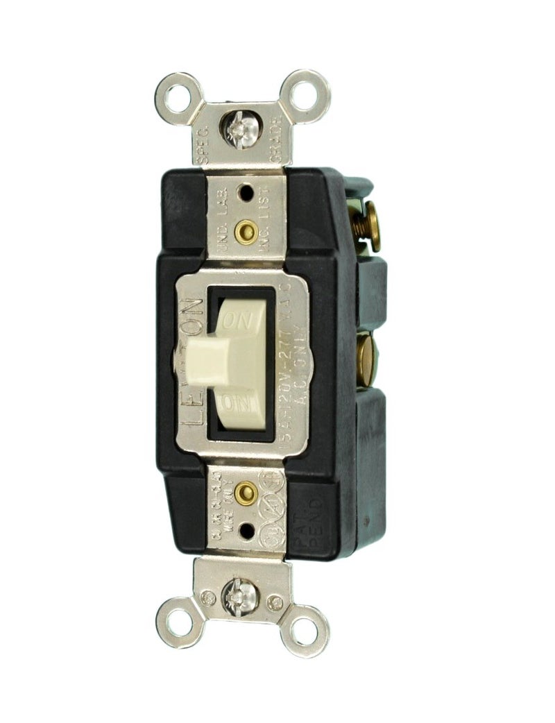 Leviton 15 Amp, 120/277 Volt, Toggle Double-Throw Ctr-OFF Momentary Contact Single-Pole AC Quiet Switch, Extra Heavy Duty Spec Grade, Grounding, Back & Side Wired, Ivory, 1256 - Image 2