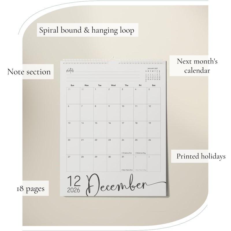 Paper Play Modern Vertical Wall Calendar 2026-18 Month Calendar January 2026 to June 2027, 11x13.5 Inches Cursive Font Design with Spiral Twin-Wire Binding - Image 3
