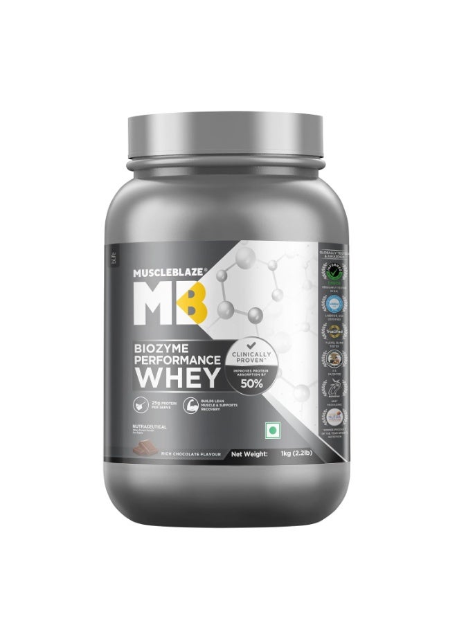 مسل بلايز مسحوق بروتين مصل اللبن MuscleBlaze Biozyme Performance، بنكهة الشوكولاتة الغنية (1 كجم / 2.2 رطل) | 25 جم بروتين لكل مكيال | مثبت سريرياً أنه يوفر امتصاصاً للبروتين أعلى بنسبة 50% - Image 1