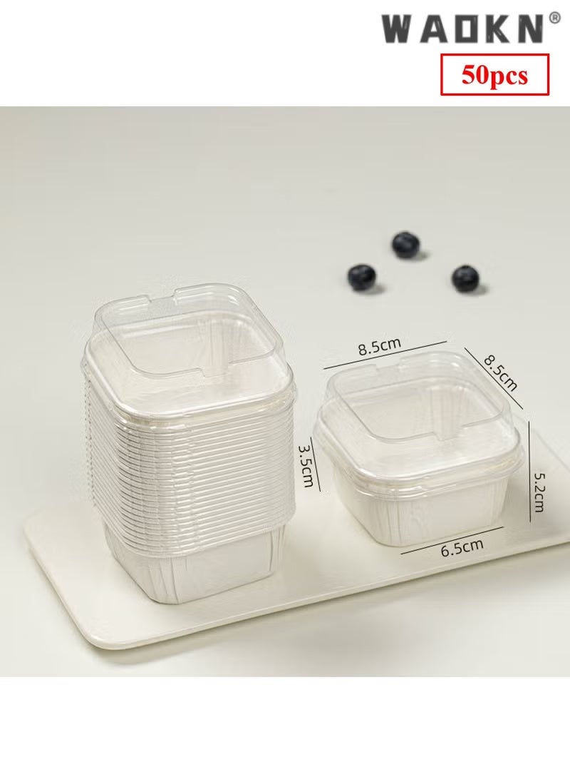 دبليو أيه أو كي أن 50 قطعة قابلة للتصرف أكواب ورقية مربعة مع LIDS كعكة خاصة صندوق التعبئة والتغليف صندوق الخبز مع غطاء واضح ورقة بيضاء مربعة كعكة أكواب كعكة بطانة حاوية قابلة للتصرف للفرن - Image 1