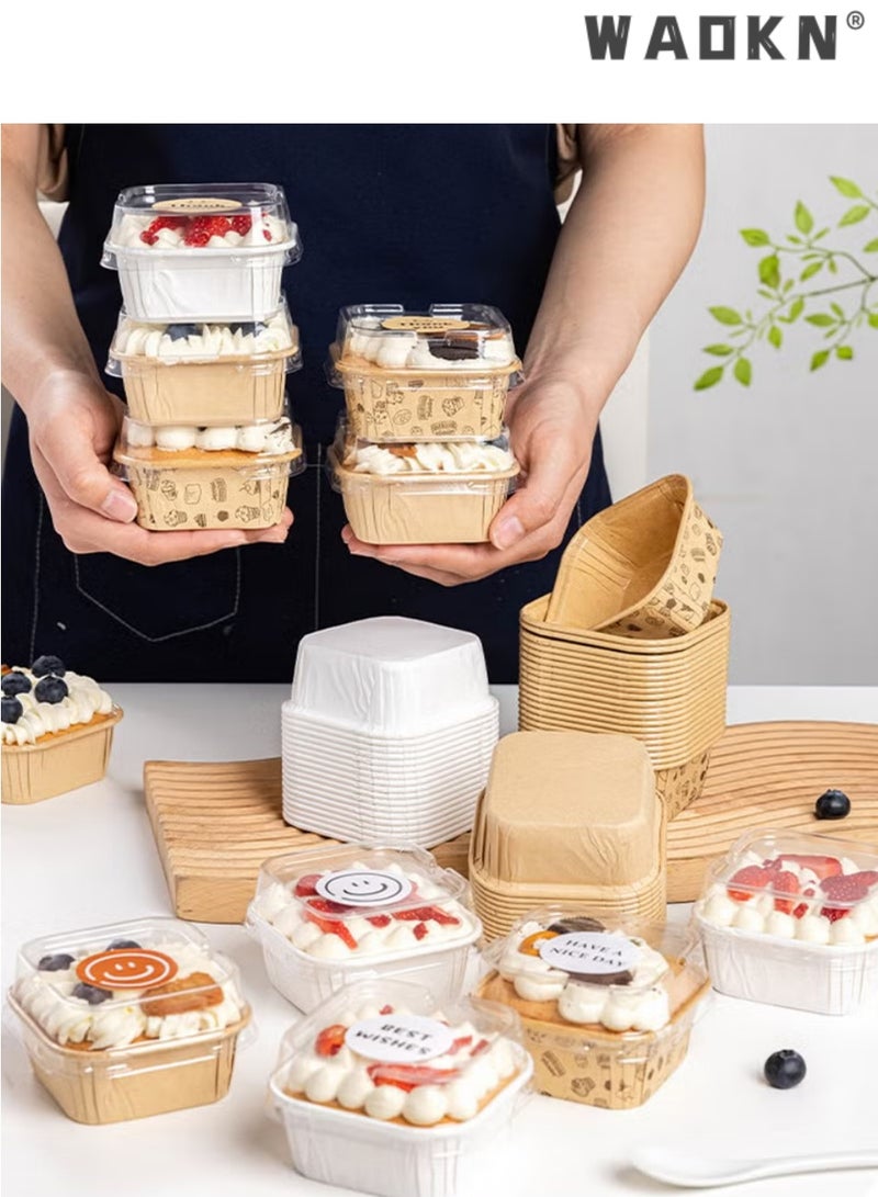 دبليو أيه أو كي أن 50 قطعة قابلة للتصرف أكواب ورقية مربعة مع LIDS كعكة خاصة صندوق التعبئة والتغليف صندوق الخبز مع غطاء واضح ورقة بيضاء مربعة كعكة أكواب كعكة بطانة حاوية قابلة للتصرف للفرن - Image 5