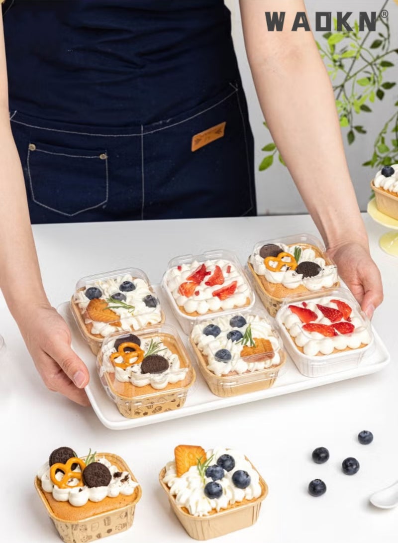 دبليو أيه أو كي أن 50 قطعة قابلة للتصرف أكواب ورقية مربعة مع LIDS كعكة خاصة صندوق التعبئة والتغليف صندوق الخبز مع غطاء واضح ورقة بيضاء مربعة كعكة أكواب كعكة بطانة حاوية قابلة للتصرف للفرن - Image 3